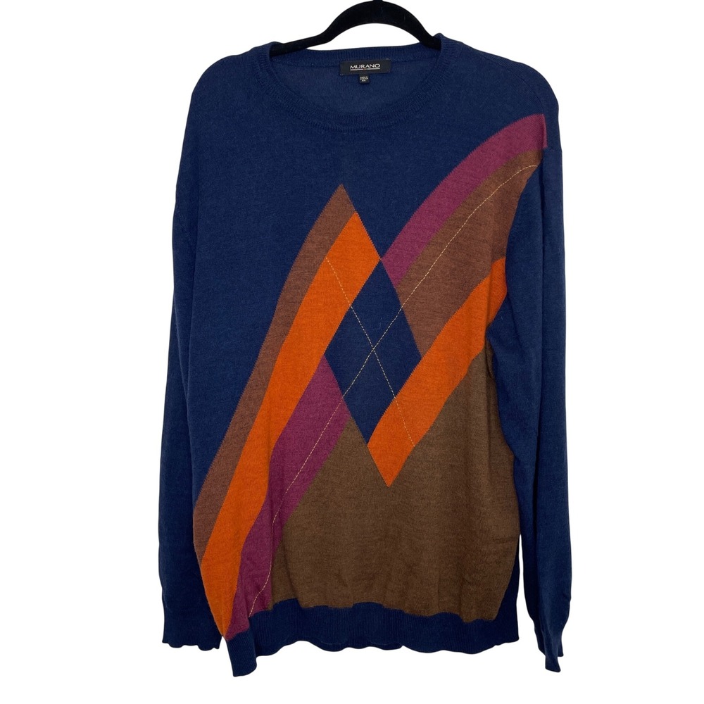Murano Sweater Mens XL Blue 100% Merino Wool Geometric Colorblock Pullover